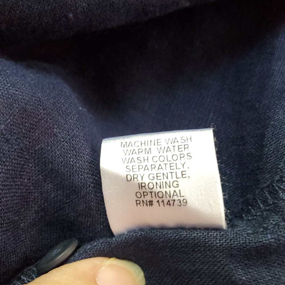 FLAX SZ P (4-6) Women's Long-sleeve Button Down Midnight Blue Linen Blouse Top - Picture 10 of 11
